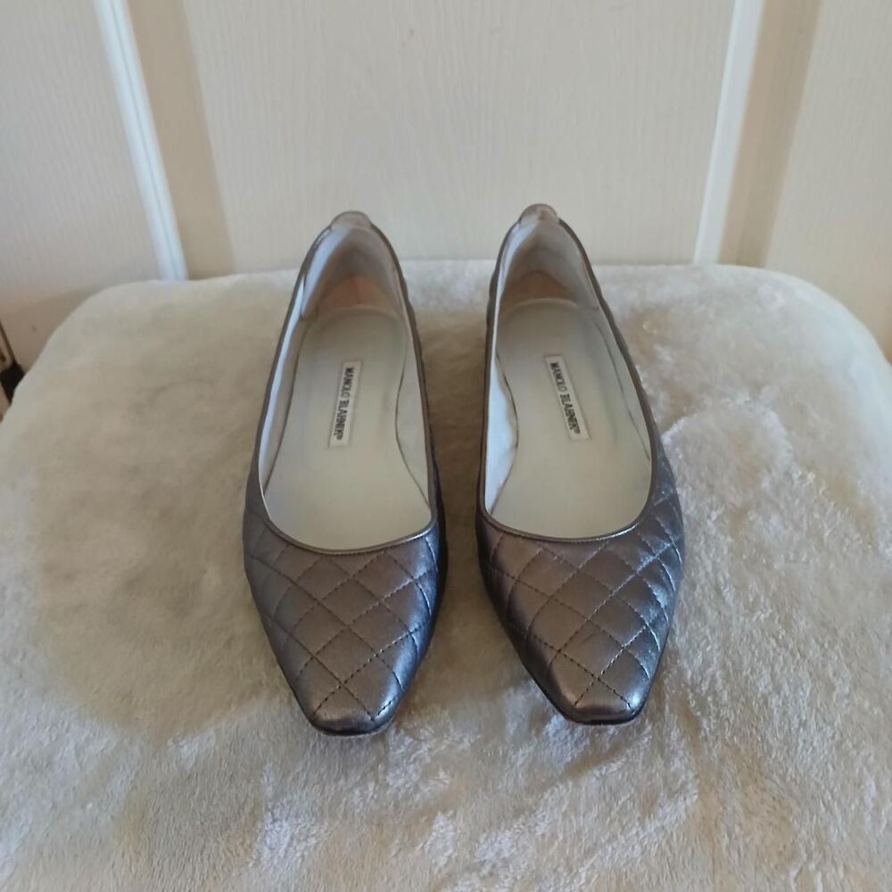 Manolo Blahnik Giungla Silver Quilted Leather Square Toe Ballet Flats 39 Luxury - Picture 3 of 8